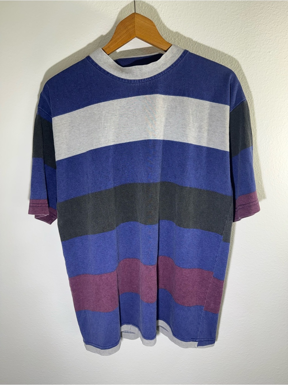 Vintage 90s Casual Short-Sleeve Striped Crewneck T-Shirt - Blue/Gray/Black/Purpl